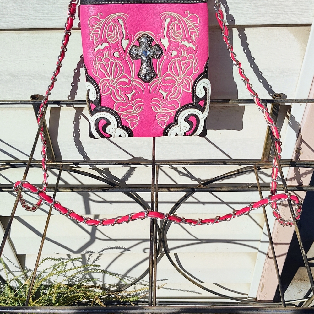 Elegant Pink Crossbody Bag with Embroidered Cross